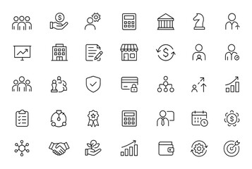Line style business and finance icon set for web. Teamwork, payment, management, accounting, bank, strategy, infographic, office, money, business process, vector illustration, corporate tools