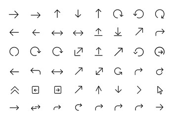 Thin line arrows icon collection with editable stroke. Black arrow vector illustration set for web, UI, navigation, direction, pointer, cursor, interface, design, symbol, graphic, sign, and more.