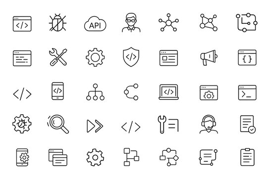 Developer icon set for web and mobile apps in thin line style. Coding, bug fix, API, programmer, node connect, code flow, web coder linear icons, vector illustration, UI, UX and more.
