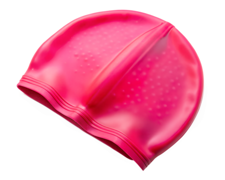 A vibrant pink silicone swim cap, designed for athletic performance, isolated on a transparent background