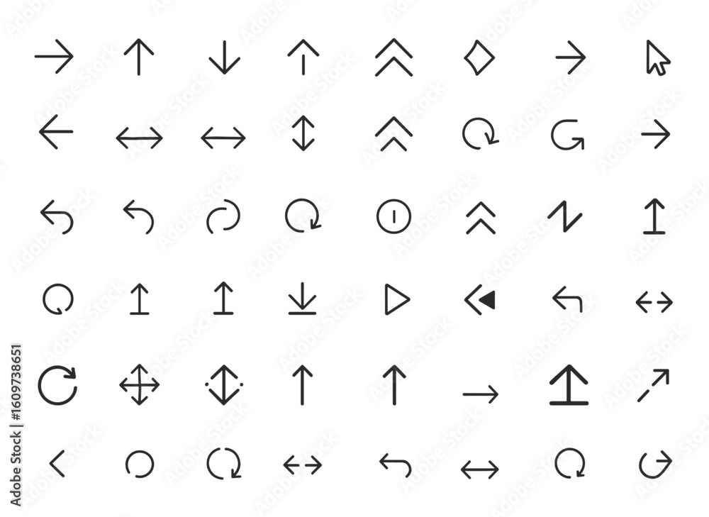 Poster black arrows web icon set in line style. collection of arrow signs for mobile and web apps. various 