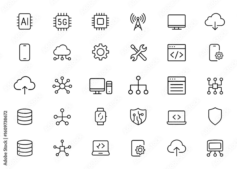 Poster web icons technology set in thin line style. information technology symbols for mobile app and web. 