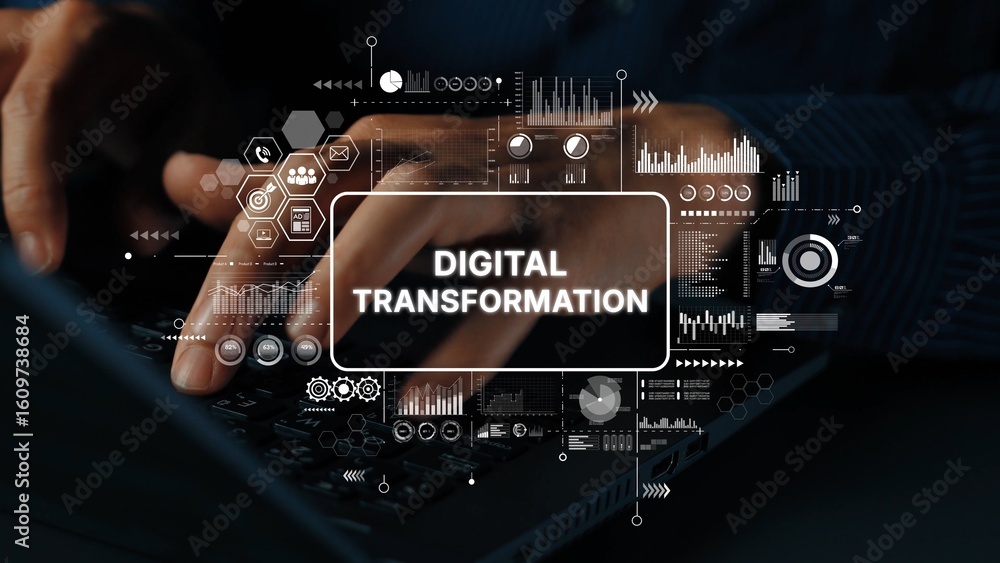 Poster close-up of hands on keyboard with digital transformation concept overlaid and data visualization gr