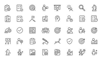 Strategic action planning icon set in line style for web and mobile apps. Includes implementation, tasks, goal setting, analysis, strategy, and planning icons for project success and more.