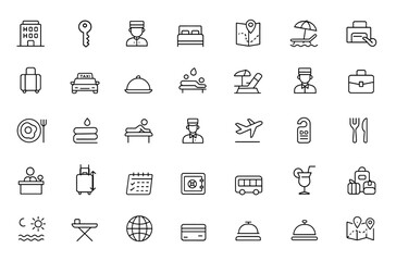 Vector illustration of hotel and vacation icons in line style. Web and mobile app icons featuring hotel services, travel, relax, recreational rest, hospitality, accommodation, tourism and more.