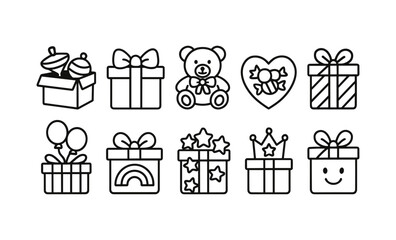 Charming outline icons of gifts and toys