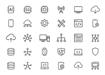 Web icons technology set in thin line style. Information technology symbols for mobile app and web. AI, 5G, computer chip, communication, software, data center, device, IT network system, web design