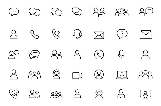 Line style web icon set for communication. Speech bubble, chat, talking, discussion, conversation, contact us, consultation signs for mobile and web app. Vector illustration and more.