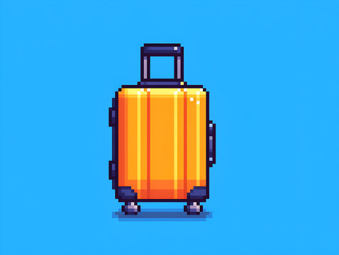 Pixel art luggage icon modern orange trolley bag centered on sky blue background 8 bit graphic for UI UX and social media
