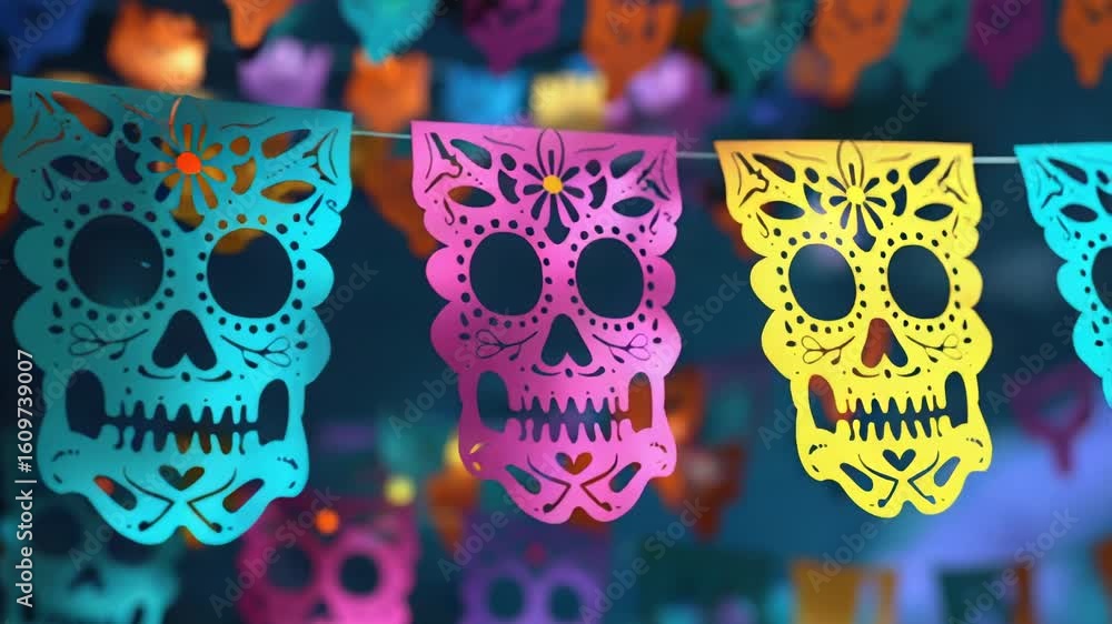 Poster a row of colorful paper skulls hung on a string