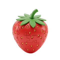 Obraz premium A single, perfectly rendered wooden puzzle piece shaped like a ripe red strawberry with green leaves and stem, smooth glossy finish, on a pristine transparent background with shadowless studio