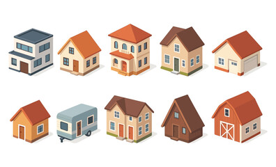 Diverse isometric houses collection featuring modern, traditional, and rustic designs