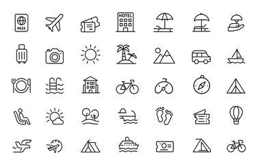 Vacation and travel web icon set in thin line style. Tourism and trip icons for mobile and web apps. Hotel, airport, tickets, tour, relax, service, recreational rest. Vector illustration and more.