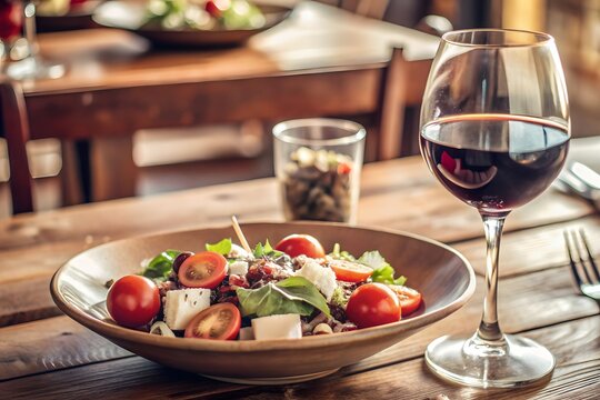 Gourmet red wine and cheese with fresh salad make a healthy, delicious dinner plate