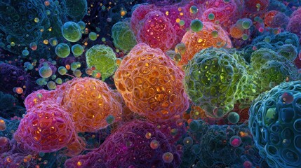 An intricate and colorful abstract representation of cellular structures, with glowing nodes interspersed throughout, evoking feelings of connection and vibrancy in life.