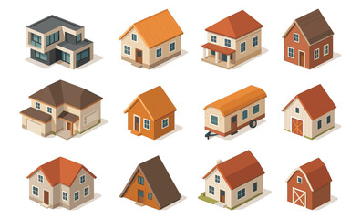 Collection of isometric tiny houses and cabins with diverse architectural styles