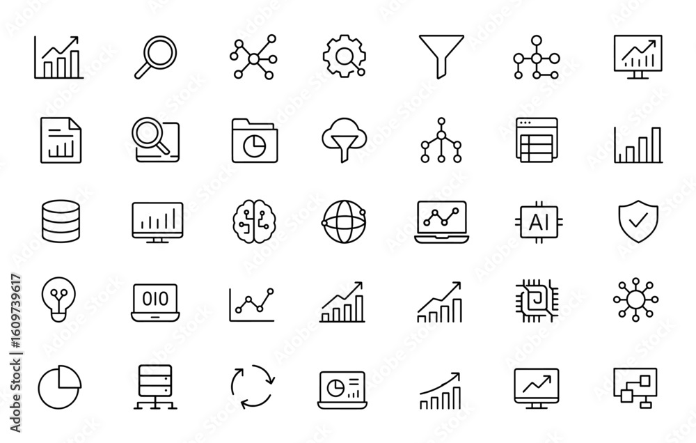 Poster line style data icons set for web and mobile app. analytics, data analysis, processing, statistics, 