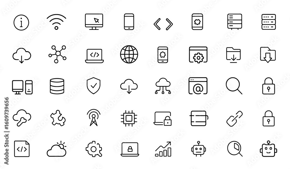 Poster line style web icon set of information technology. it icons for mobile and web apps. technology, pro