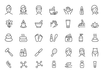 Line style web icons set for Beauty & Spa. Cosmetics and skin care icons for mobile app and web. Spa treatments, massage, anti ageing, serum, hyaluronic acid, pore tighten, cosmetology and more.