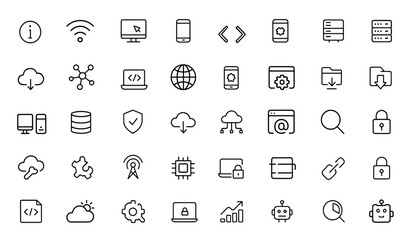 Line style web icon set of information technology. IT icons for mobile and web apps. Technology, programming, server, network, internet, data, devices, website progress and more.