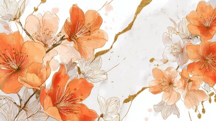Spring floral in watercolor vector background. Luxury wallpaper design with orange flowers, line art, golden texture. Elegant gold blossom flowers illustration suitable for fabric, prints, cover., no