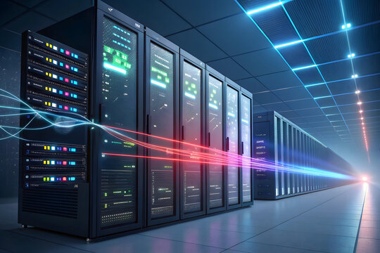 Modern server room with glowing data streams and blue ceiling lights - Powered by Adobe