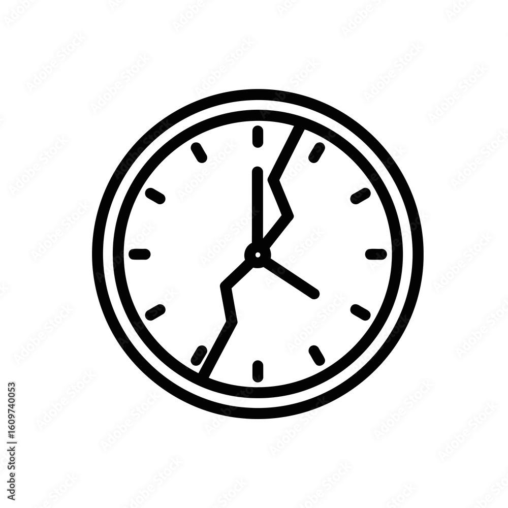 Poster vector illustration of a broken clock face with a crack running through it, symbolizing lost time