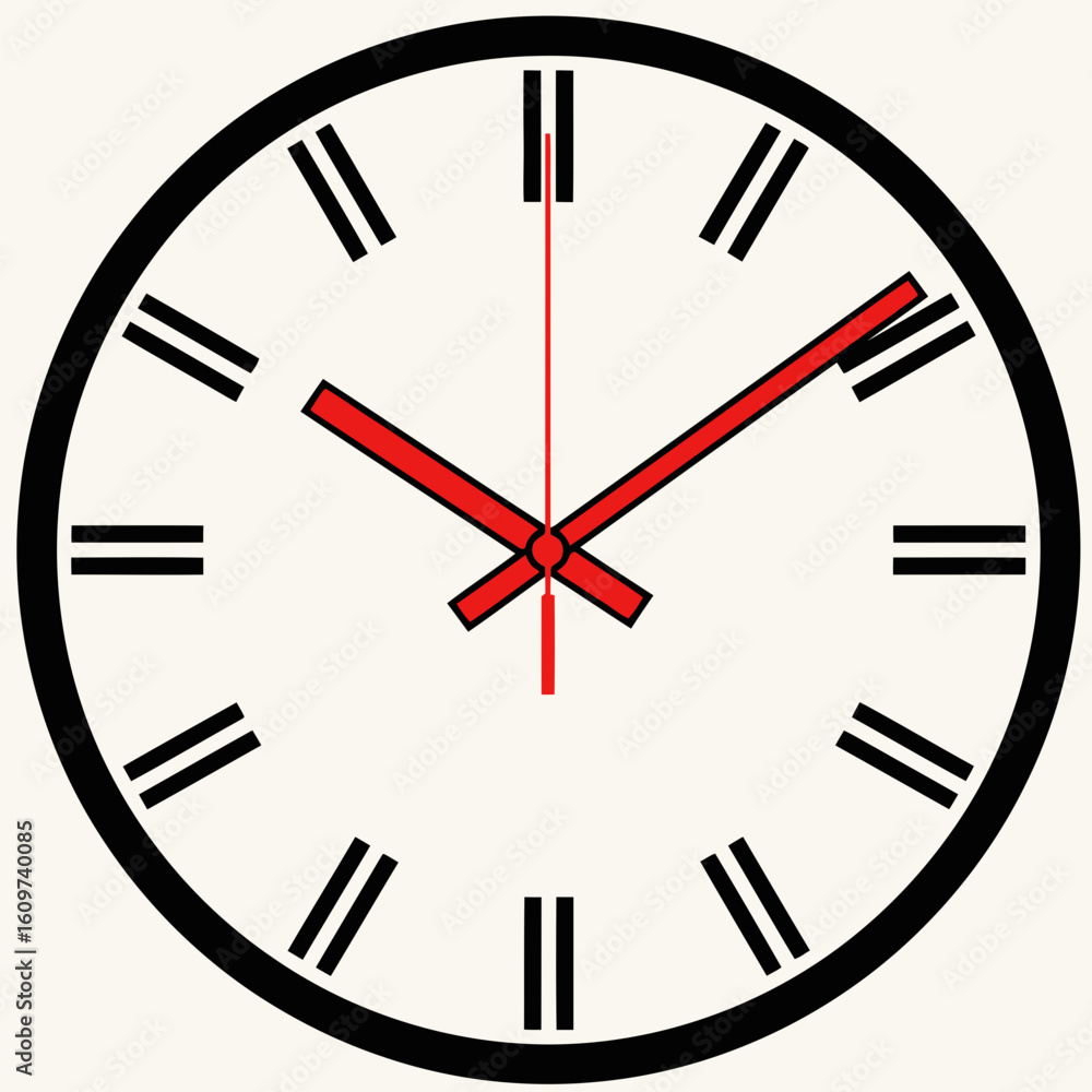 Poster vector illustration of a classic analog clock face with red hands pointing to approximately ten minu