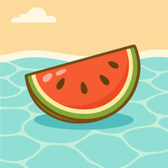 Summer Watermelon Slice Floating on Water Vector