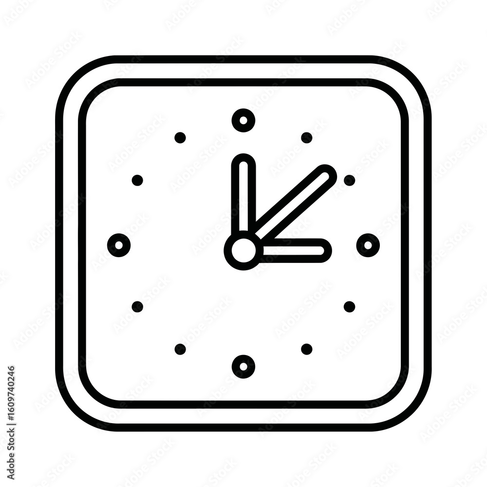 Poster vector illustration of a simple line icon depicting a square clock face with hands pointing to the t