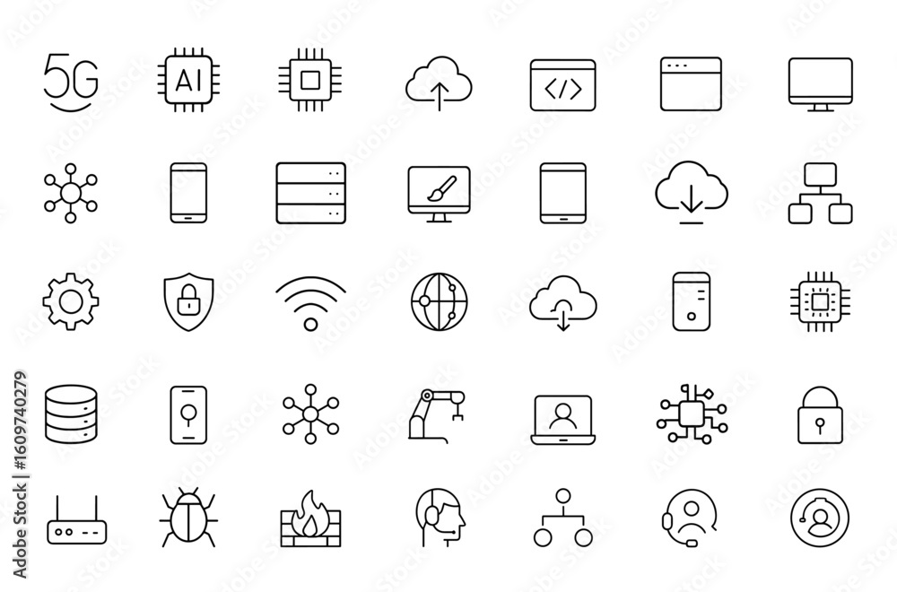 Poster web icons technology set in line style. it network, information technology signs for mobile app and 