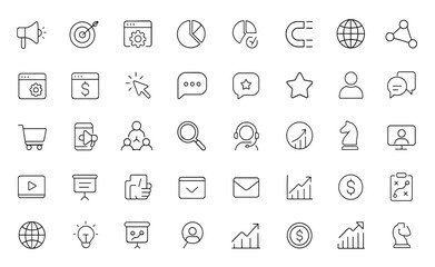 Marketing digital icon set in thin line style for web and mobile apps. Business, SEO, sales, analytics, content, ads, feedback, communication, e-commerce vector illustration and more.