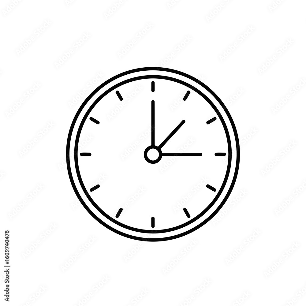 Poster vector illustration of a simple black and white line drawing of a clock face with hour and minute ha