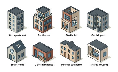 Modern urban living: isometric collection of diverse housing styles