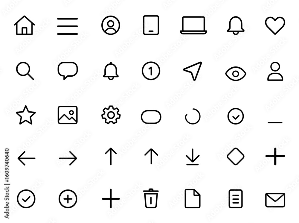 Fototapete Line style web icon set for UI/UX design. Basic user interface and web page icons for mobile app and web interface development, navigation, interaction, digital experience, responsive design