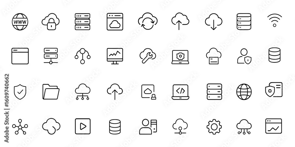 Poster cloud computing and web hosting icons set in linear style. includes domain, server, website, webspac