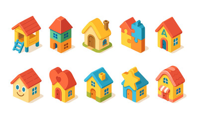 Charming isometric toy houses with playful designs for kids' projects