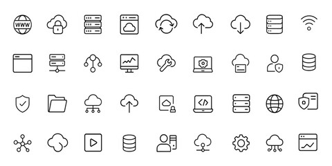 Cloud computing and web hosting icons set in linear style. Includes domain, server, website, webspace, data exchange, traffic, service icons for mobile and web apps, vector, illustration