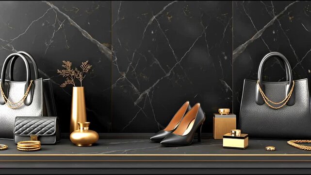 Elegant display of luxury accessories: handbags jewelry and perfume in stylish arrangement