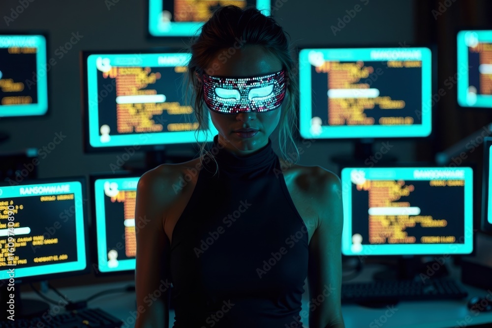 Poster sleek cyberpunk photoshoot featuring a model surrounded by ominous glowing computer screens displayi