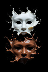 Abstract Masks Covered in Splashing Milk and Chocolate on a Black Background Fine Art Photography and Conceptual Composition