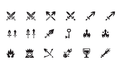 Game fantasy icon set, vector magic dungeon dragon RPG sign, medieval warrior avatar, fairytale sign. Knight battle sword, armour helmet, power weapon, witch hat, potion cauldron. Fantasy icon kit