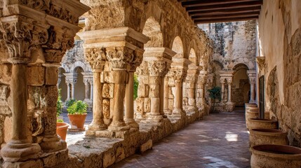 Ancient stone arches and columns in a cloister