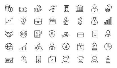 Editable stroke business icon set with finance symbols. Thin line money and business icon collection. Vector illustration, investment, economy, banking, finance, commerce and more.