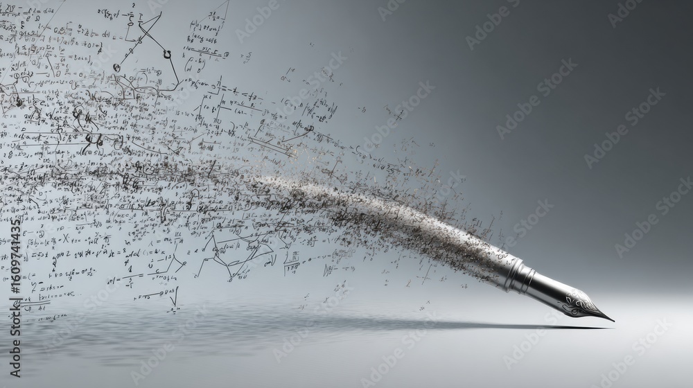 Poster mathematical formulas flow from a pen, illustrating creativity and knowledge in abstract expression