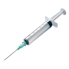 Close up of a syringe with a needle and plunger against a black isolated background in studio lighting