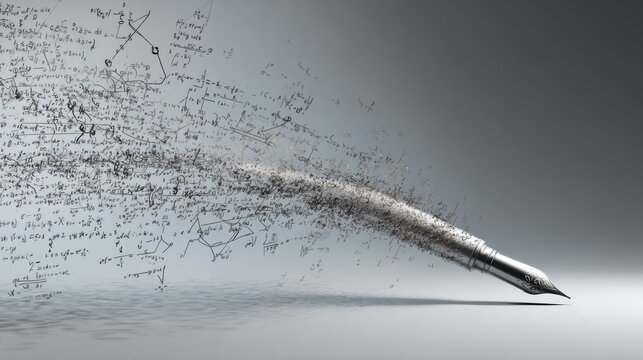 Mathematical Formulas Flow From a Pen, Illustrating Creativity and Knowledge in Abstract Expression