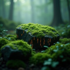 Fototapeta premium Lush Moss-Covered Stone in Foggy Forest