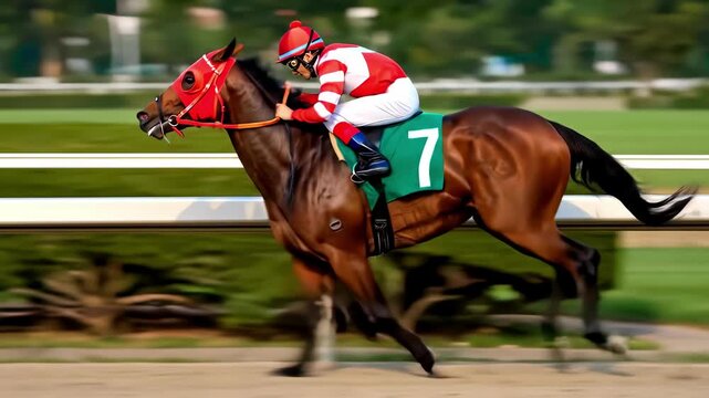 A jockey and a horse in a race, galloping at speed during a sport competition. A 4K video showing the action on the racetrack. 