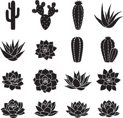Collection of black graphic silhouettes of various cacti and succulent plants, including saguaro, prickly pear, aloe, and echeveria icons.